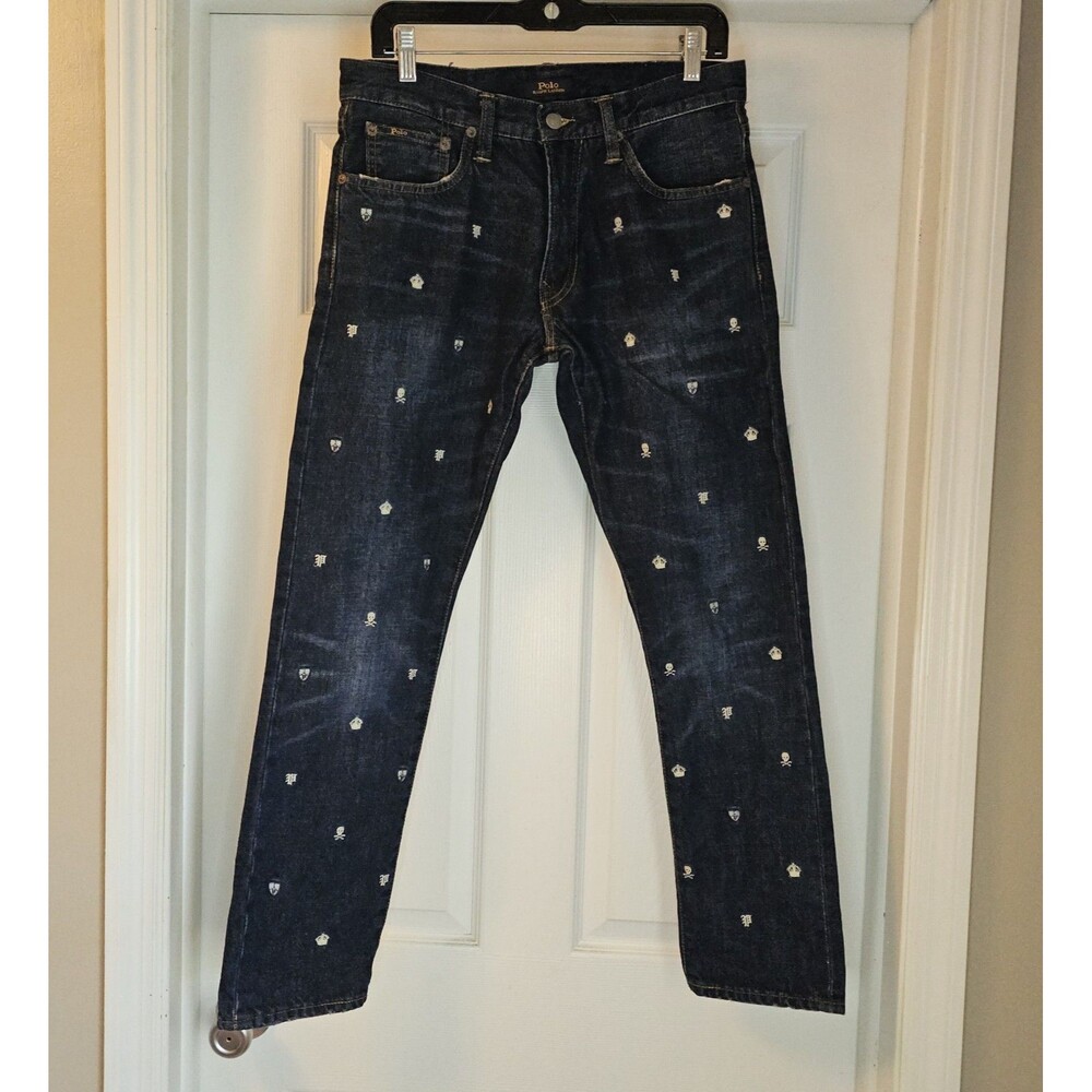 Polo Ralph Lauren Sullivan Slim Embroidered Jeans Mens 30 Skull Crossbones Crest